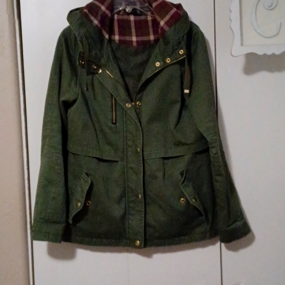 Topshop Olive green Field Jacket, with draw string hoodie Sz. 6 - Picture 1 of 9